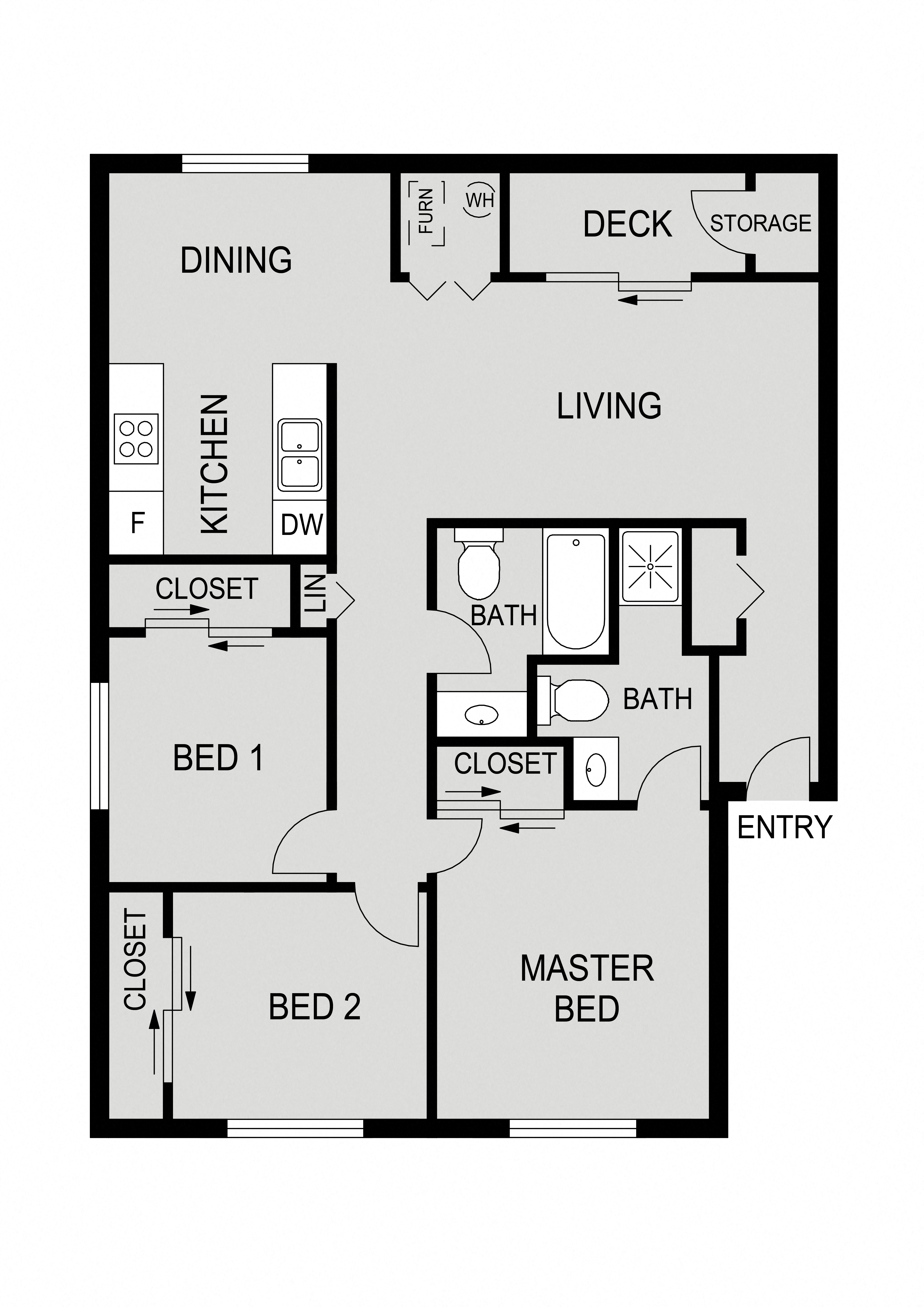 Floor plan for 3 beds, 2 baths, 1117 sqft